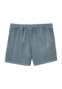 Blaue Cordshorts mit elastischem Bund, knielang und vertikaler Rippstruktur, flach auf einem weißen Hintergrund präsentiert.