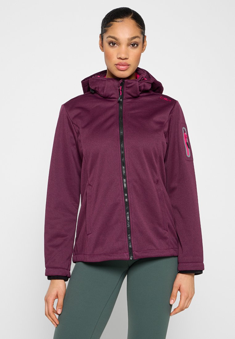 Bordeauxfarbene Outdoorjacke mit einem Frontreißverschluss, verstellbarem Kapuze und seitlichen Taschen. Glattes Gewebe mit subtiler Textur und Akzentdetails.
