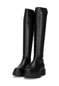 Zwarte kniehoge laarzen met een gladde leren afwerking, ronde neus en stevige, geprofileerde zool. Voorzien van een zijrits voor een gemakkelijke aan- en uittrekking.