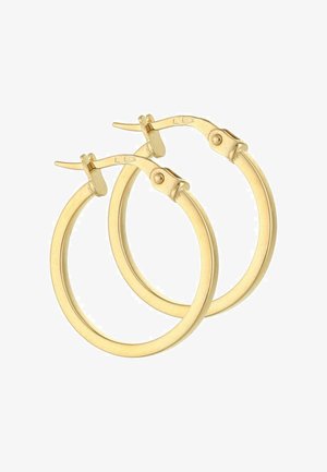 Coppia di orecchini a cerchio lisci in oro con chiusura a perno incernierato, esposti su sfondo bianco.