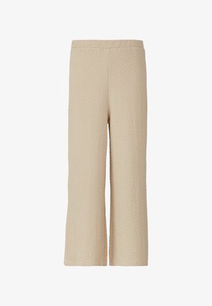 Beige weite Hosen mit strukturierter Oberfläche, ausgestattet mit einem flachen Bund und ohne sichtbare Verschlüsse, konzipiert für einen lockeren Sitz.