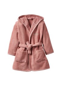 Rosa Frottee-Bademantel mit Kapuze, langen Ärmeln, zwei vorderen Taschen und einem gebundenen Gürtel. Verfügt über dezente Stichdetails. Weicher, strukturierter Stoff.