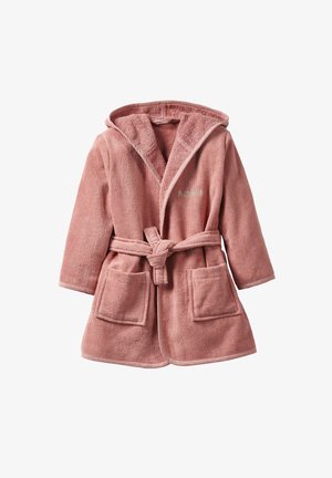 Pink terry cloth robe with a hood, long sleeves, two front pockets, and a tied belt. Features subtle stitching details. Soft, textured fabric.