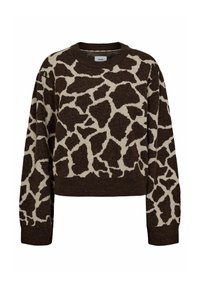 Pull en tricot marron avec un motif de girafe crème. Il a un col rond et des manches longues avec des poignets et un ourlet côtelés.