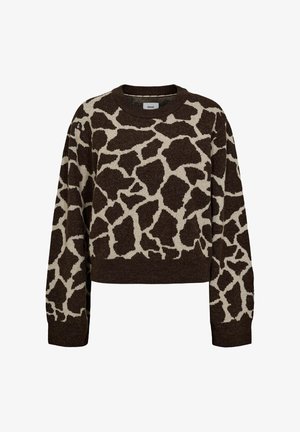 Rjav pleteni pulover z vzorcem žirafe v kremni barvi. Ima okrogel izrez in dolge rokave z rebrastimi manšetami ter robom.