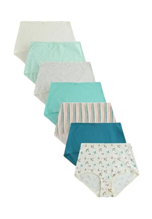 Sieben Paar Baumwoll-Slips für Damen im Brief-Stil in Weiß, Türkis, Grau, gestreift und gemustert, angeordnet in einer gestapelten Reihe.