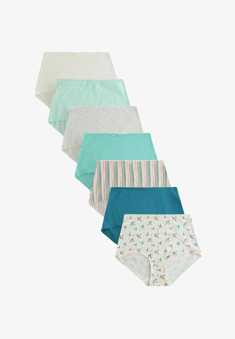Sedem párov dámskych bavlnených nohavičiek v štýle krátkych nohavičiek v bielej, tyrkysovej, sivej, pruhovanej a vzorovanej farebnej kombinácii, usporiadaných v zvislom rade.