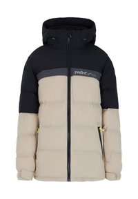 Veste matelassée avec des sections noires, grises et beiges, capuche réglable, poches zippées et logo sur la poitrine.
