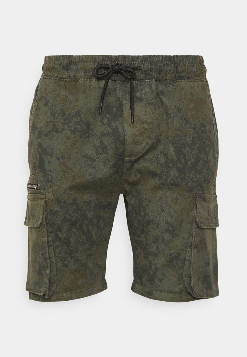 Shorts cargo vert olive en coton, avec une taille à cordon de serrage, deux poches latérales et un motif texturé et marbré.