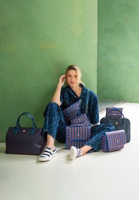 Blaue und marinefarbene Handtaschen in verschiedenen Formen, darunter eine Tragetasche, eine Umhängetasche und eine Satchel, mit einem gestreiften Muster und goldenen Hardware-Akzenten.