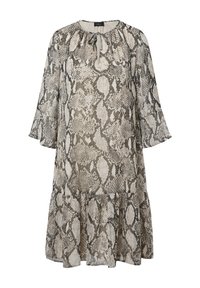 Kurzarmkleid mit Schlangenprintmuster in Beige- und Grautönen, mit gerafftem Ausschnitt und schwingendem, gestuftem Saum.