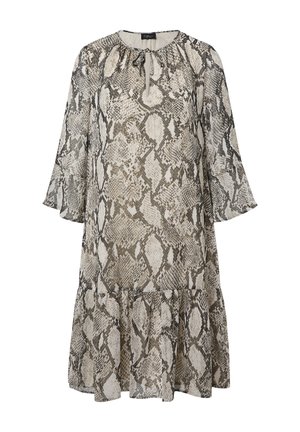 Short-sleeve dress featuring a snake print pattern in shades of beige and gray, with a gathered neckline and a flared tiered hem.