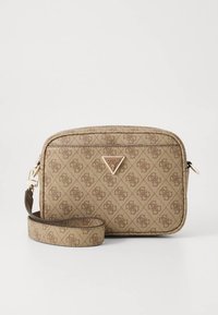 Brown patterned crossbody bag with gold-tone hardware and a logo plaque. Compact rectangular shape with a detachable strap.
