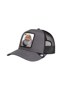 Gray trucker cap with black mesh backing, featuring a square patch depicting a gorilla with "BOSS" text above.