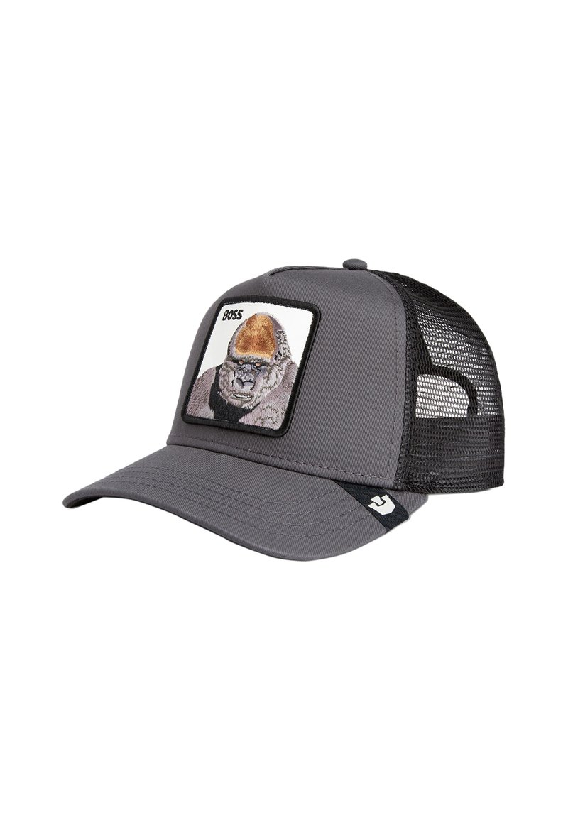 Gray trucker cap with black mesh backing, featuring a square patch depicting a gorilla with "BOSS" text above.