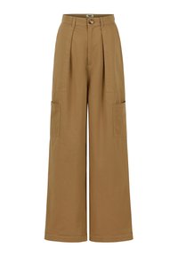 Brede broek in bruine katoenen stof, met voorplooien en twee grote zijzakken; gladde textuur en op maat gemaakte tailleband.
