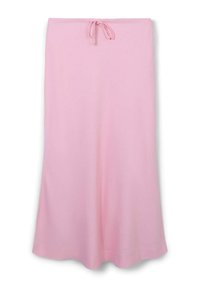 Helles rosa, knielanges Kleidungsstück aus weichem Stoff. Verfügt über ein Bindedetail an der Taille und eine fließende, A-Linien-Silhouette.