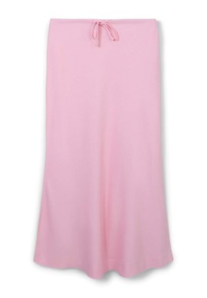 Helles rosa, knielanges Kleidungsstück aus weichem Stoff. Verfügt über ein Bindedetail an der Taille und eine fließende, A-Linien-Silhouette.