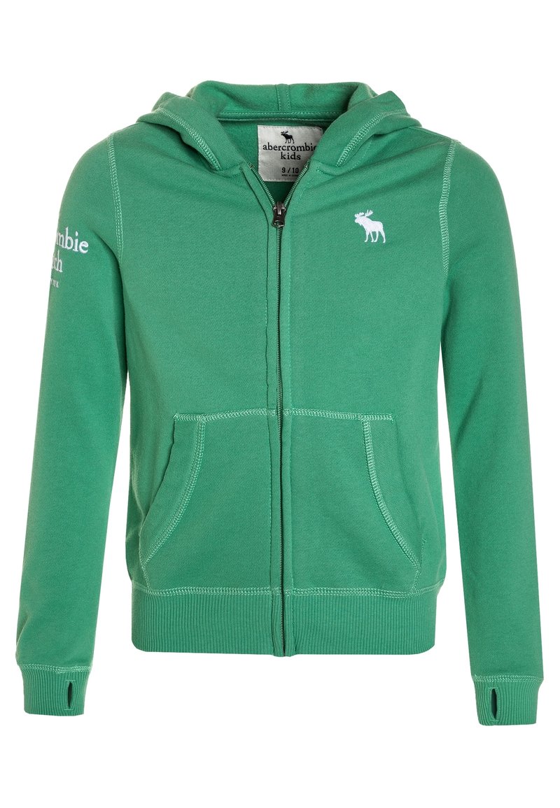 Grøn zip-hoodie med kangaroo-lomme, ribbede manchetter og et hvidt elg-logo på brystet og ærmet. Blødt, bomulds-blandingsmateriale.