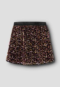 Jupe noire plissée en tissu texturé avec des sequins multicolores en rose, or et violet. Taille élastiquée pailletée.
