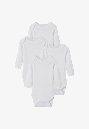 Négy hosszú ujjú, puha pamutból készült fehér body, kerek nyakkal és patentos záródással az alján, hogy a pelenkák könnyen cserélhetők legyenek.