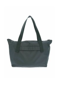 Sac vert foncé en tissu texturé ; comporte deux poignées robustes et une fermeture éclair, avec une poche horizontale à l'avant.