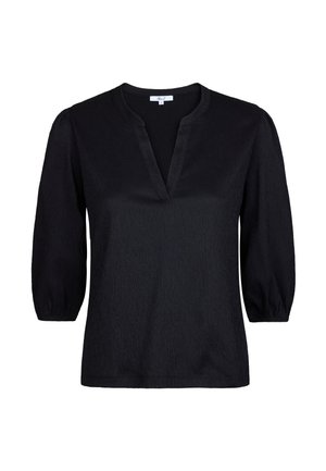 Zwarte top met een V-hals, gestructureerde stof en driekwartmouw met pofdetails. Eenvoudig ontwerp zonder patronen of accenten.