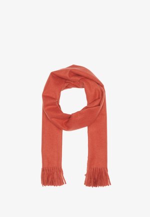 Écharpe orange en tissu doux, avec des extrémités à franges et une texture lisse, disposée en boucle.