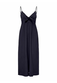 Robe navy avec un détail de nœud à l'avant, bretelles fines et une silhouette fluide. Fabriquée en tissu léger pour le confort et la respirabilité.