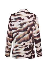 Long-sleeve blouse in lightweight fabric featuring a brown and beige wavy pattern. Classic collar and buttoned cuffs. Back view shown.