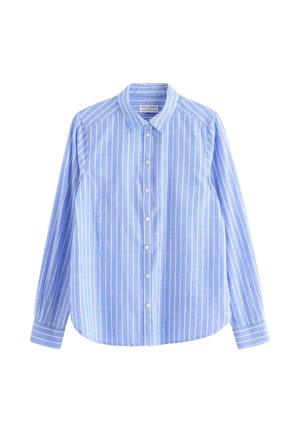Lyseblå langærmet skjorte med lodrette hvide striber, knaplukning foran, spids krave og knapmanchetter.