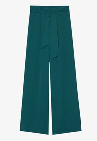 Teal vida byxor i mjukt tyg, med en knuten bälte i midjan och en texturerad yta.