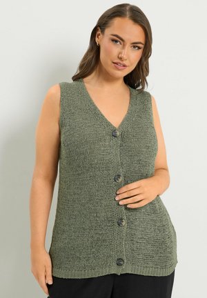 Vrouw met bruin haar draagt een mouwloos groen gebreid vest met knopen en zwarte broek, terwijl ze met haar hand haar taille aanraakt tegen een effen achtergrond.