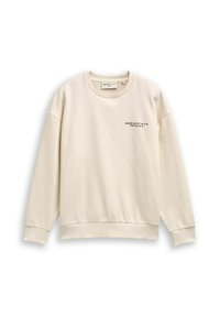 Felpa color beige chiaro realizzata in materiale morbido. Presenta un collo rotondo, maniche lunghe e un piccolo dettaglio di testo stampato sul davanti.