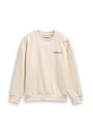 Svetlosiv bež pulover iz mehkega materiala. Ima okroglo ovratnico, dolge rokave in majhen tiskani napis na sprednji strani.