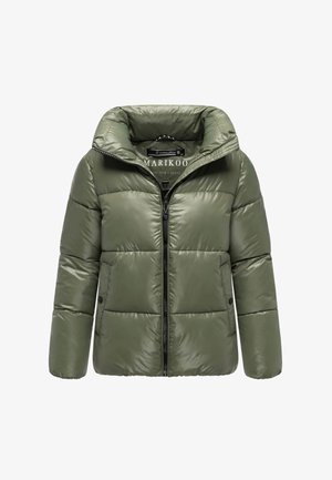 Olive green puffer jacket made of shiny material, featuring a high collar, front zipper, and two side pockets with snap closures.