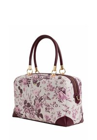 Handtasche mit Blumenmuster auf einem cremfarbenen Hintergrund, tief burgunderfarbigen Akzenten, doppelten Griffen und goldfarbenem Beschlag; mit Reißverschluss oben.
