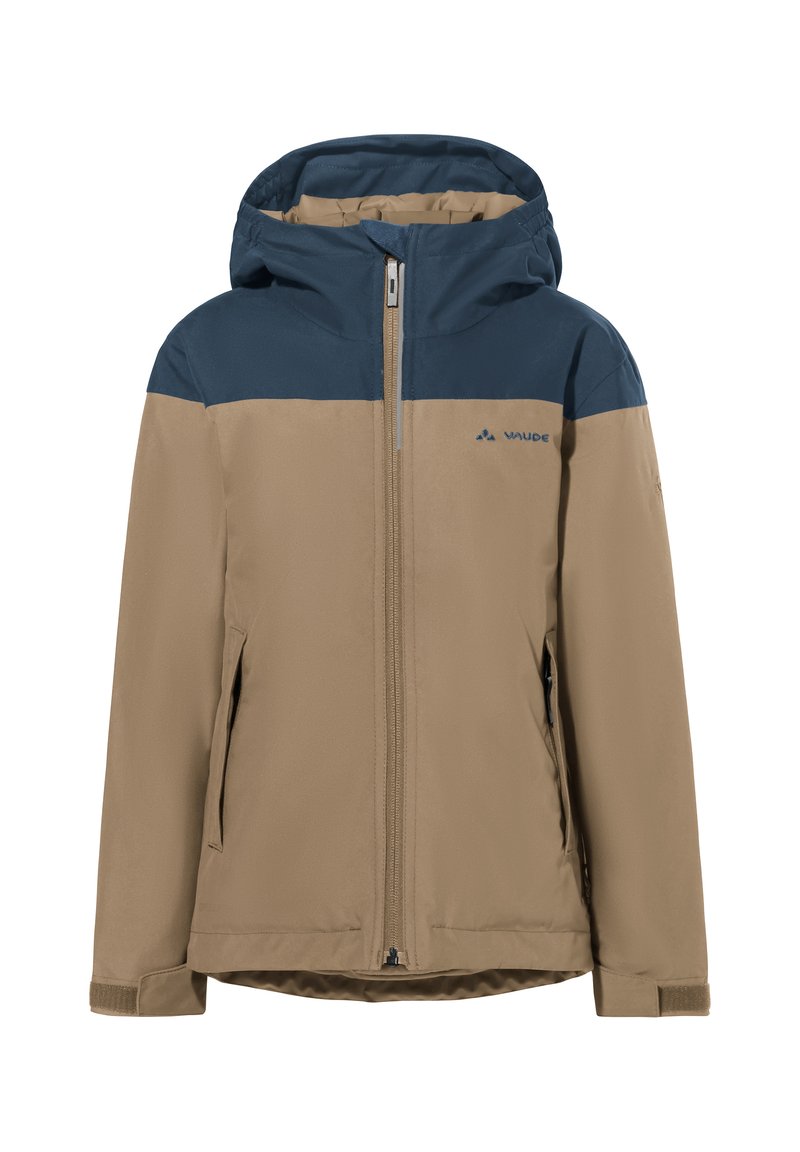 Veste imperméable colorée en blocs beige et marine avec une capuche, une fermeture éclair à l'avant, deux poches latérales et des bandes Velcro aux poignets.