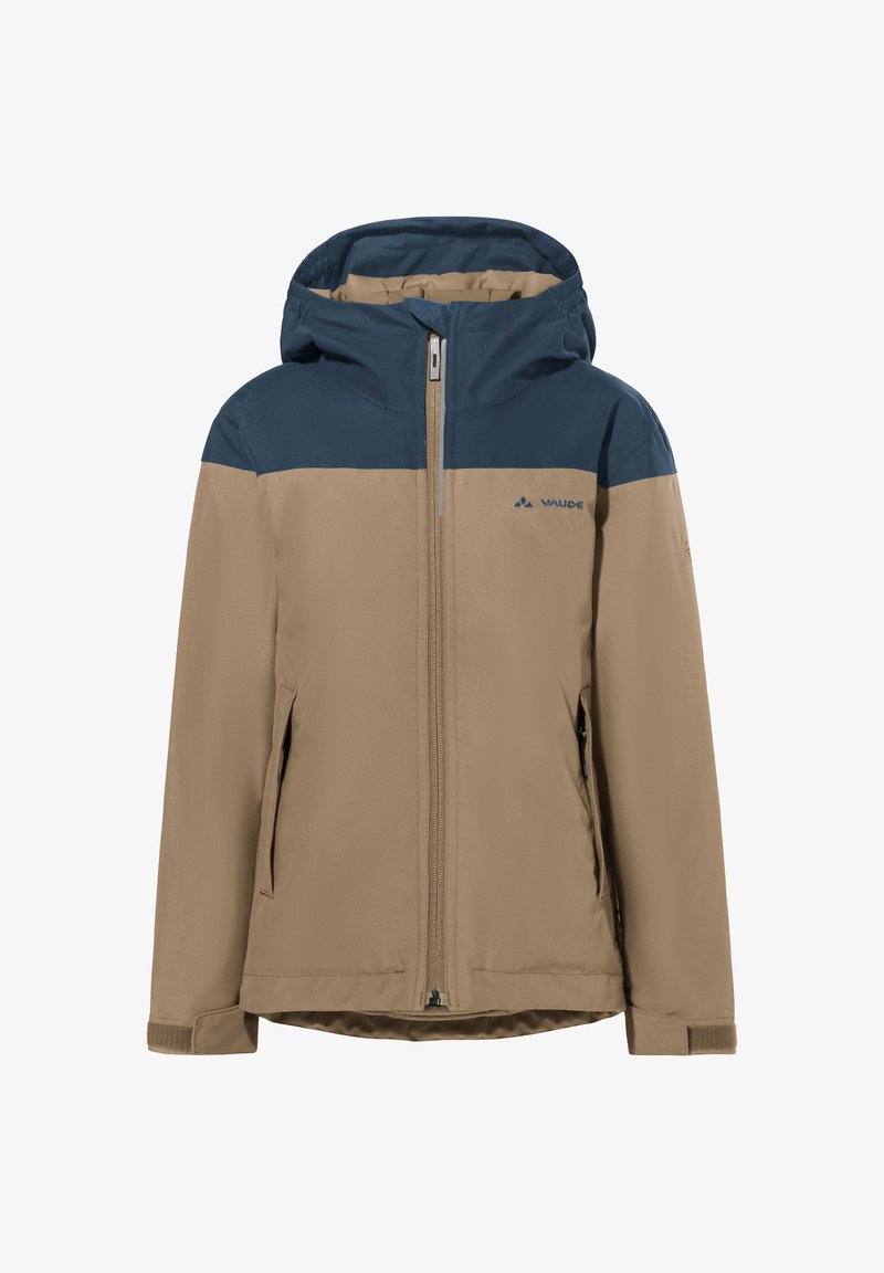 Kreem ja tumesinine värviga plokilise disainiga veekindel jakk kapuutsiga, esi tõmblukk, kaks küljetaskut ja Velcro rihmad mansettidel.