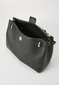Black leather handbag with pebbled texture, gold-tone hardware, top zip closure, and inner compartments for organization.