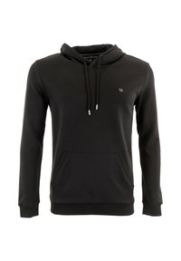 Hoodie noir en tissu lisse, avec une poche kangourou à l'avant, une capuche réglable avec cordon, et un petit logo sur la poitrine.