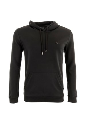 Hoodie noir en tissu lisse, avec une poche kangourou à l'avant, une capuche réglable avec cordon, et un petit logo sur la poitrine.