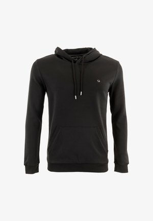 Hoodie noir en tissu lisse, avec une poche kangourou à l'avant, une capuche réglable avec cordon, et un petit logo sur la poitrine.