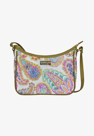 Mehrfarbige Handtasche mit floralem Paisleymuster, weißem Hintergrund, goldenen Akzenten und verstellbarem Trageriemen. Verfügt über einen Reißverschluss und ein Logo.