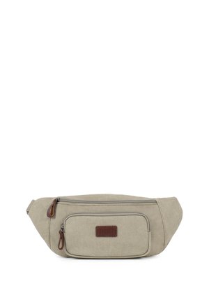 Sac banane en tissu beige avec deux compartiments zippés et un patch de marque en cuir marron sur la poche avant.