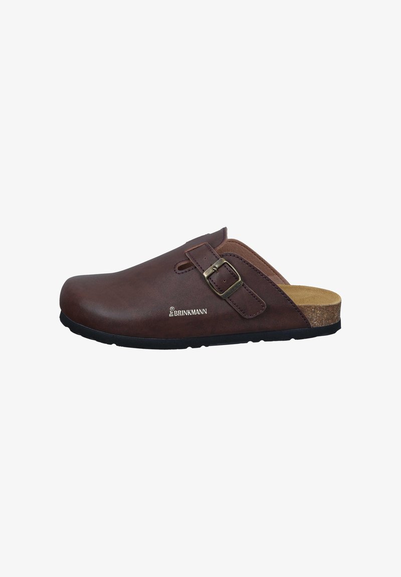 Brown leather clogs with a single adjustable buckle, cork footbed, and black rubber sole. Features a smooth finish and rounded toe design.