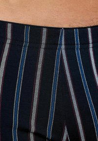 Detailní záběr dolní části trupu osoby, která má na sobě tmavě modrou látku s vertikálními pruhy v bílé, modré a červené barvě, přičemž je vidět pásek a kůže nad ním.