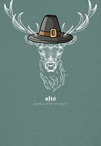 Die Grafik zeigt einen stilisierten Hirschkopf, der einen schwarzen Hut mit einem braunen Band trägt, vor einem türkisfarbenen Hintergrund mit weißen Akzenten. Darunter steht der Text: "Tierwelt aus dem Süden."