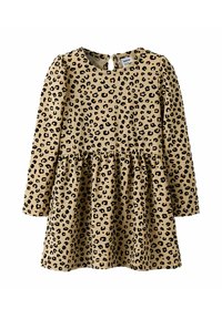 Lāča raksta kleita ar garām piedurknēm, zelta audums, savākts svārku dizains un atvērums aizmugurē. Melni punkti kontrastē ar brūngano fona.