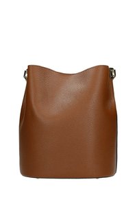 Borsa a secchiello in pelle marrone con una superficie tessurizzata, parte superiore leggermente curva e una chiusura dorata. Presenta un design spazioso e minimalista.
